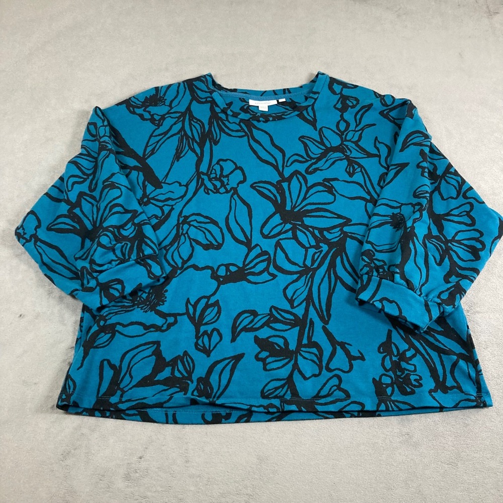 Chicos Floral Sweatshirt Teal Blue Black French Terry Top Size 2 L